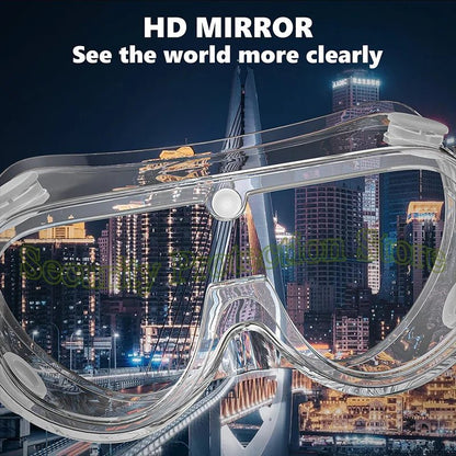 Clear anti-fog safety goggles with elastic strap, protective eye wear suitable for lab work, painting, cleaning, and gardening.