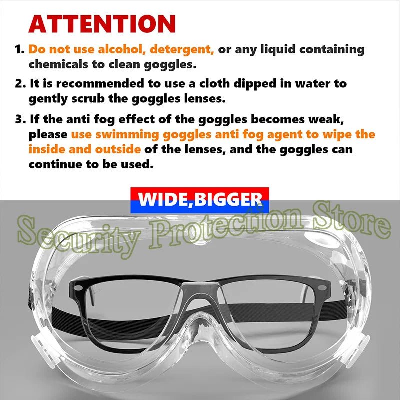 Clear anti-fog safety goggles with elastic strap, protective eye wear for lab work, painting, cleaning, and gardening by BACKUPMYFILESNOW.COM®.