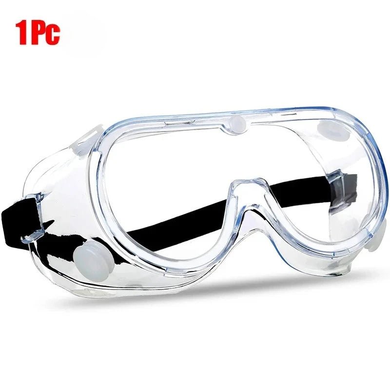 Clear anti-fog safety goggles with elastic strap from BACKUPMYFILESNOW.COM®, protective eye wear for lab work, painting, and gardening.