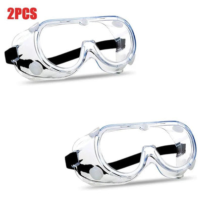 Clear anti-fog safety goggles from BACKUPMYFILESNOW.COM® with elastic strap, protective eye wear for lab work, painting, cleaning, and gardening.