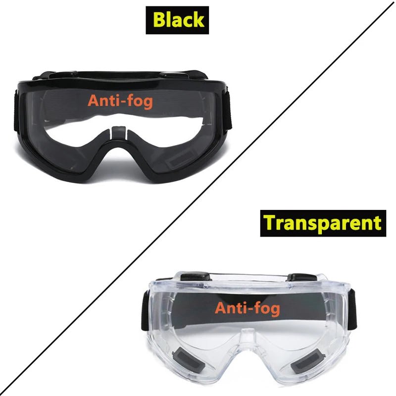 Antifog protective safety glasses with anti-splash, wind-proof design, suitable for industrial work, research, cycling, and riding activities.