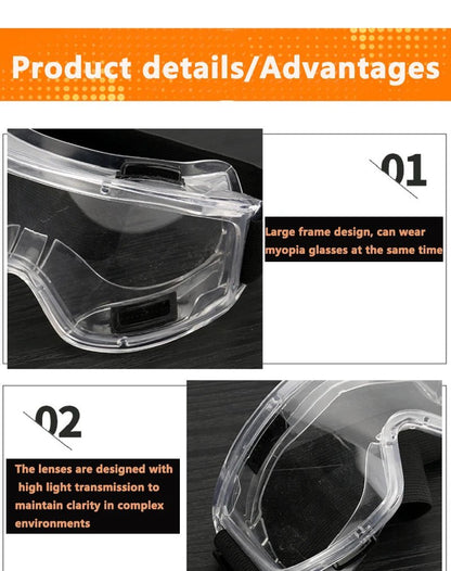 Antifog protective safety glasses by BACKUPMYFILESNOW.COM® with anti-splash, wind-proof design for industrial, cycling, and research use.
