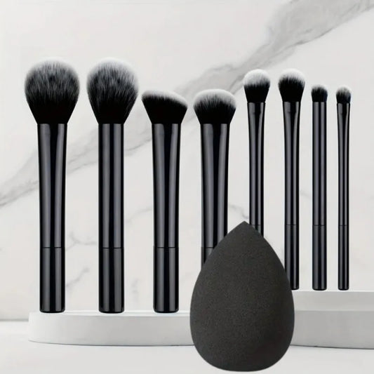 Black makeup brush set with 9 brushes and 1 beauty egg, soft bristles, suitable for all skin types, alcohol-free cosmetic tools.