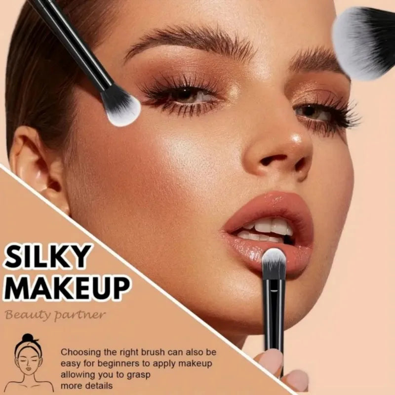 Black makeup brush set with 9 brushes and 1 beauty egg, featuring soft bristles for all skin types, alcohol-free cosmetic tools.