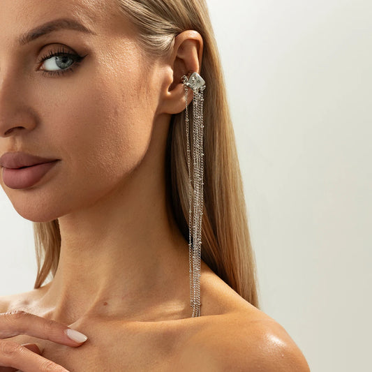 Elegant long tassel ear cuff clip earrings for women, vintage style, no piercing needed, trendy jewelry accessory.