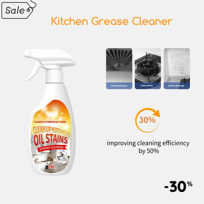 Heavy-duty grease cleaner by BACKUPMYFILESNOW.COM, showing a spray bottle with a mild formula for kitchen oil stain removal on stoves and range hoods.