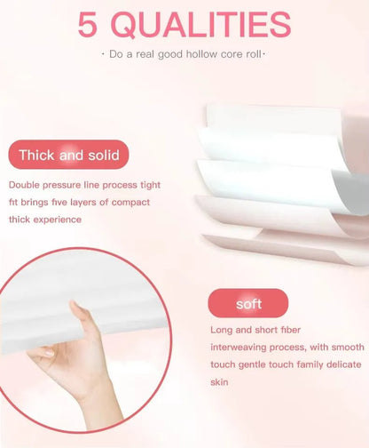 Six rolls of BACKUPMYFILESNOW® household paper towels and five-layer thickened core toilet paper on a white background.