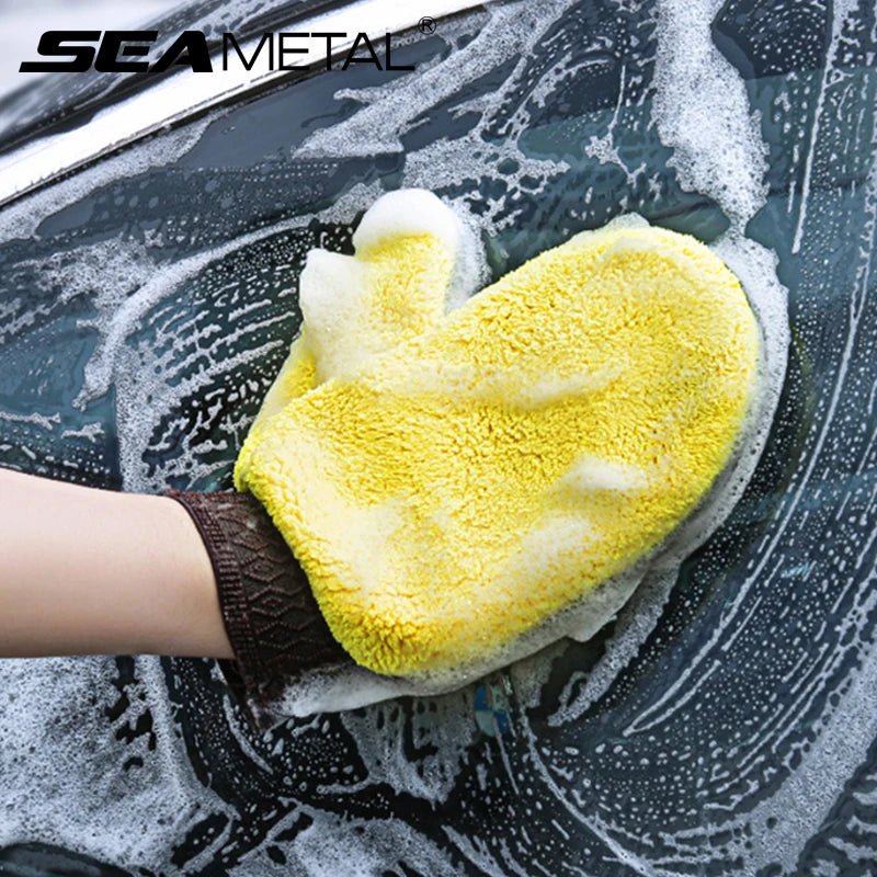 Seametral microfiber car washing glove with double-faced coral fleece for gentle car detailing and cleaning.