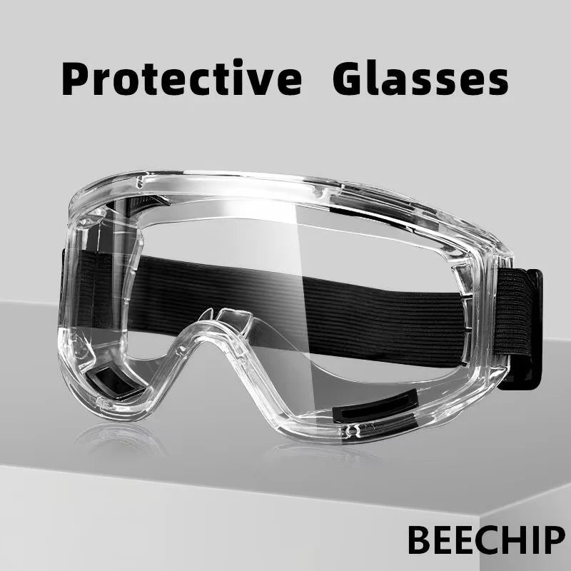 Clear anti-fog safety glasses with adjustable straps, UV protection, ideal for work, riding, skiing, and sports activities.