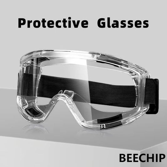 Clear anti-fog safety glasses with adjustable straps, UV protection, ideal for work, riding, skiing, and sports activities.