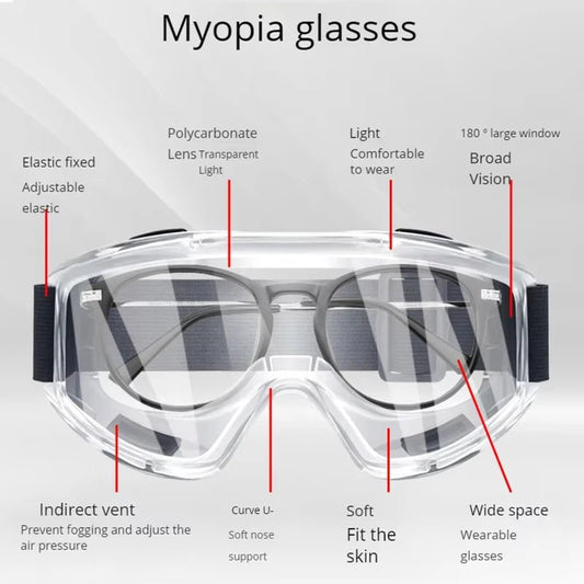 Clear anti-fog safety glasses with adjustable straps, UV protection, suitable for work, riding, skiing, and sports activities.