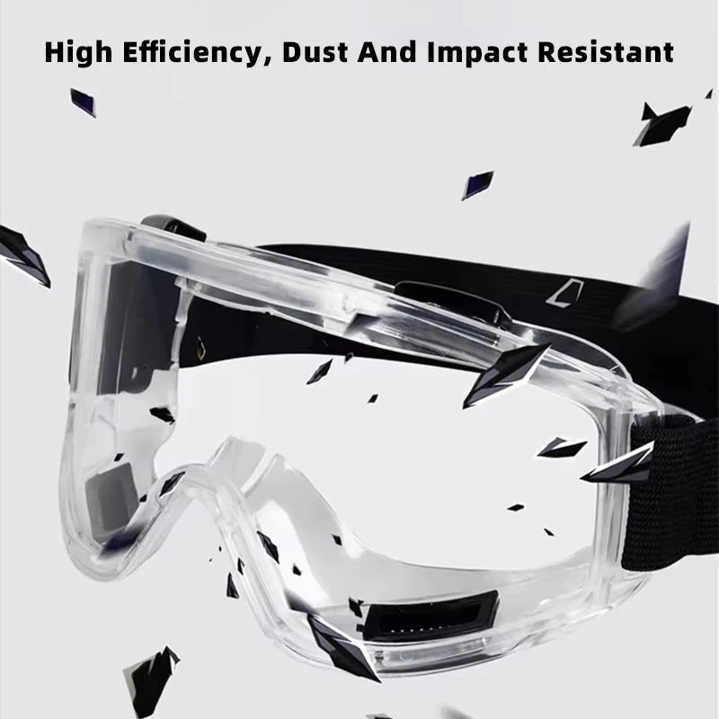 Clear anti-fog safety glasses with adjustable strap, UV protection, ideal for work, riding, skiing, dust, and sand protection.