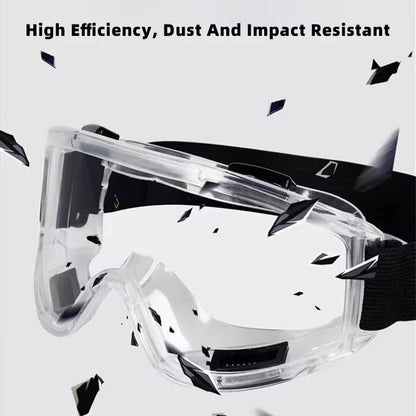 Clear anti-fog safety glasses with adjustable strap, UV protection, ideal for work, riding, skiing, dust, and sand protection.