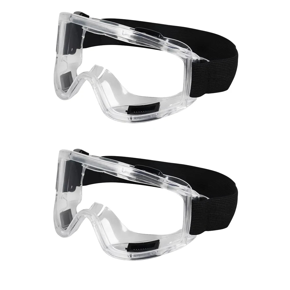Clear anti-fog safety glasses with adjustable fit and UV protection, designed for work, riding, skiing, and sports safety.
