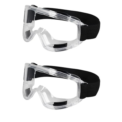 Clear anti-fog safety glasses with adjustable fit and UV protection, designed for work, riding, skiing, and sports safety.