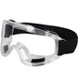 Clear anti-fog safety glasses with adjustable straps, designed for riding, skiing, and sports, protecting against dust and splashes.