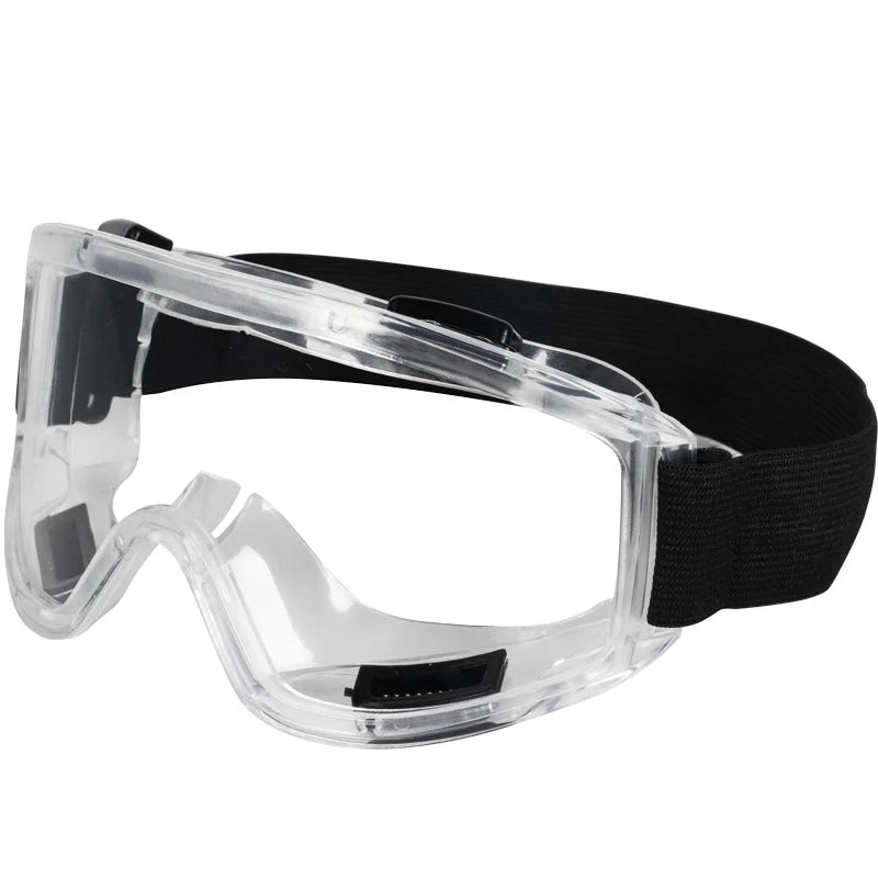 Clear anti-fog safety glasses with adjustable straps, splash-proof design, ideal for riding, skiing, and sports activities.