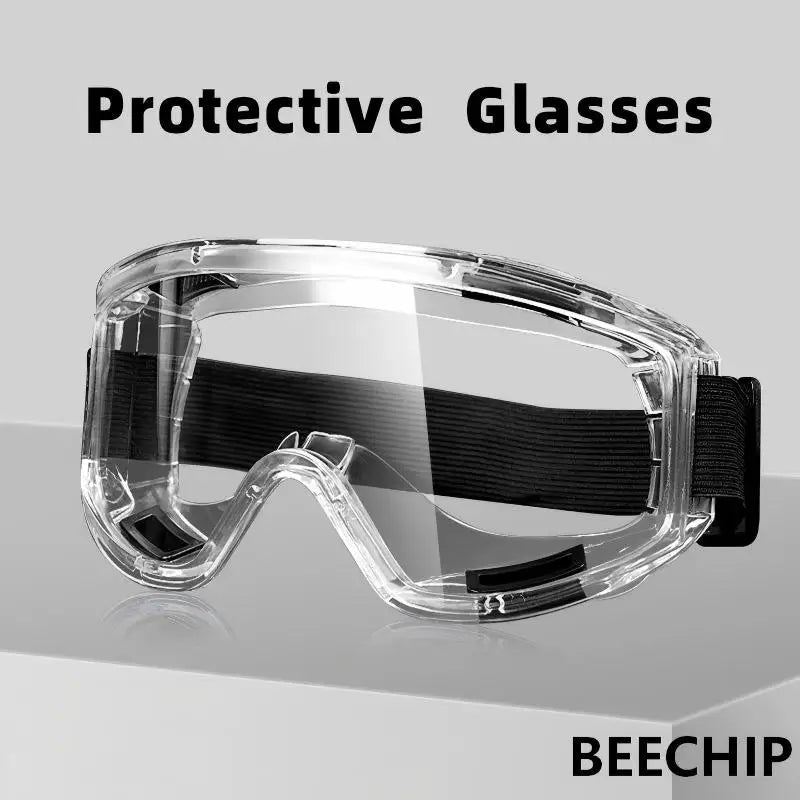 Clear anti-fog safety glasses with adjustable straps, designed for riding, skiing, and sports to protect against dust and splashes.