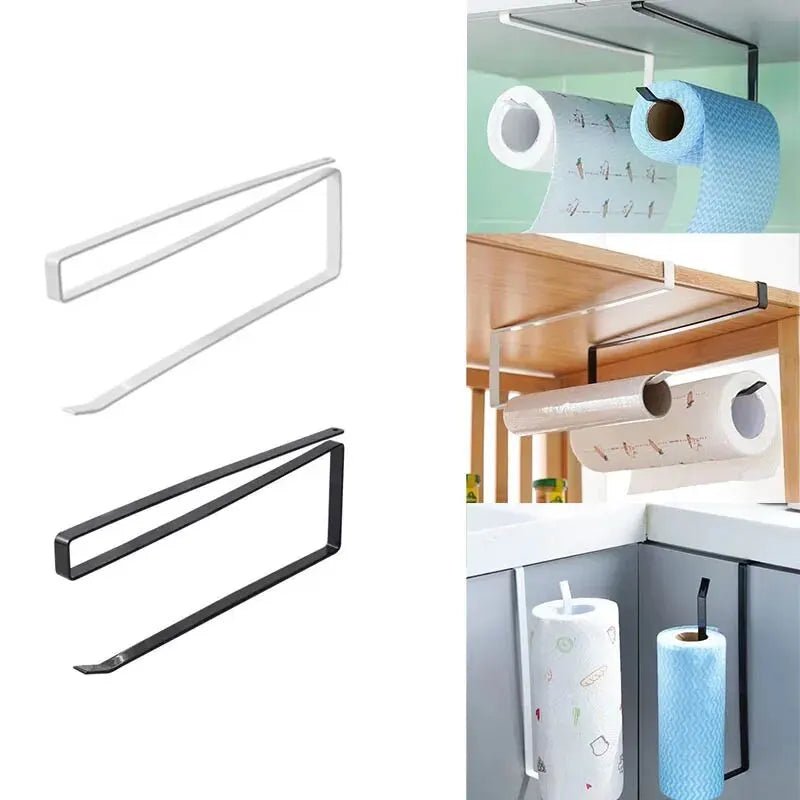 Black paper roll holder and towel rack with cling film storage, no-punch hanging shelf for bathroom or kitchen organization.