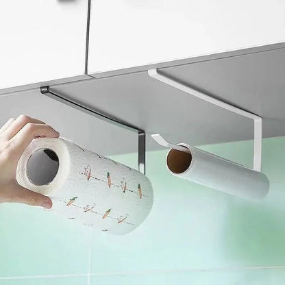 Black paper roll holder and towel rack with cling film storage, wall-mounted bathroom and kitchen hanging shelf, no punching required.
