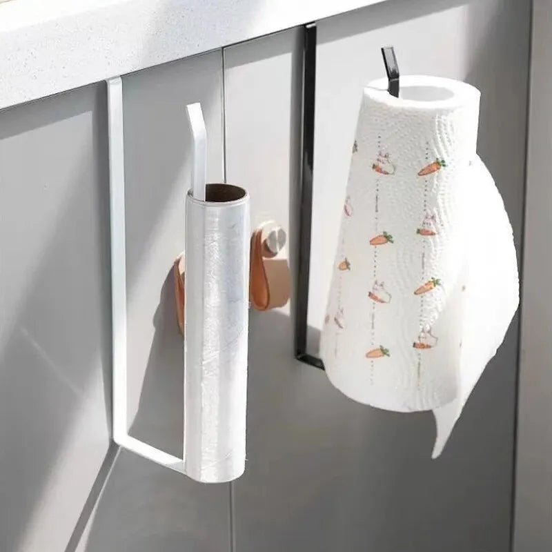 Black paper roll holder and towel rack with no-punch design, wall-mounted cling film and tissue storage shelf for bathroom or kitchen.