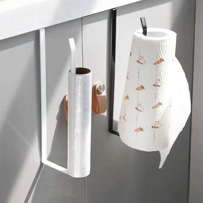 Black paper roll holder and towel rack with no-punch design, wall-mounted cling film and tissue storage shelf for bathroom or kitchen.