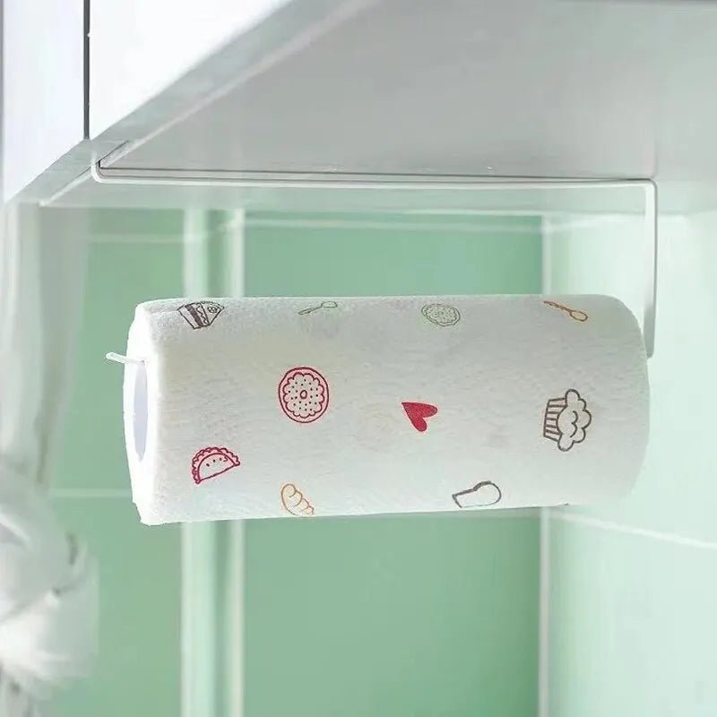 Black paper roll holder and towel rack with cling film storage, bathroom and kitchen hanging shelf, no punching required.