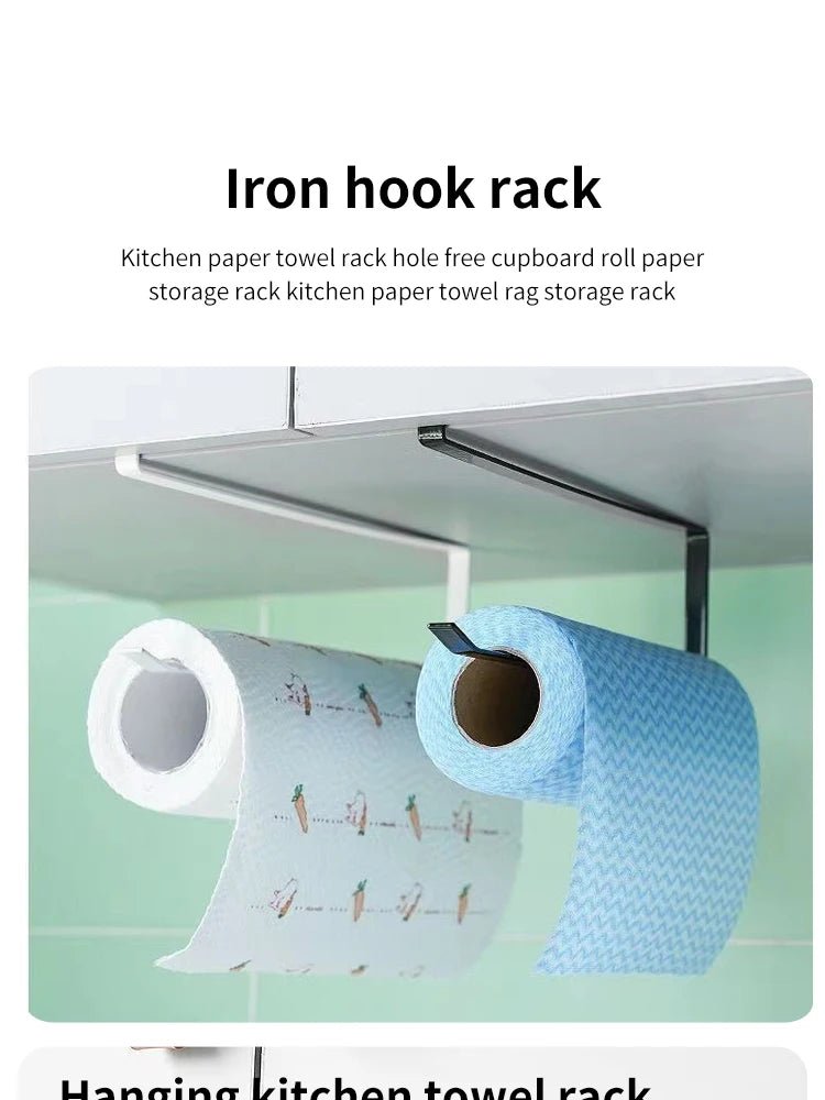 Black paper roll holder and towel rack for kitchen or bathroom, wall-mounted cling film and tissue storage shelf, no punching needed.