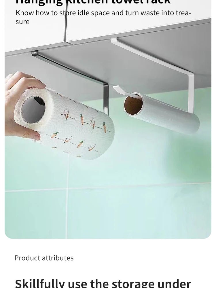 Black paper roll holder and towel rack with cling film storage, bathroom hanging shelf, no-punching design, kitchen tissue accessories.