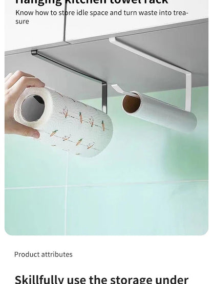 Black paper roll holder and towel rack with cling film storage, bathroom hanging shelf, no-punching design, kitchen tissue accessories.