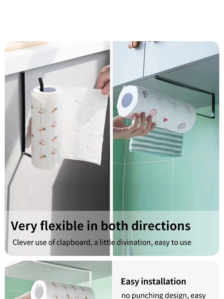 Black paper roll holder and towel rack with cling film storage, no-punch bathroom or kitchen hanging shelf by BACKUPMYFILESNOW.COM®