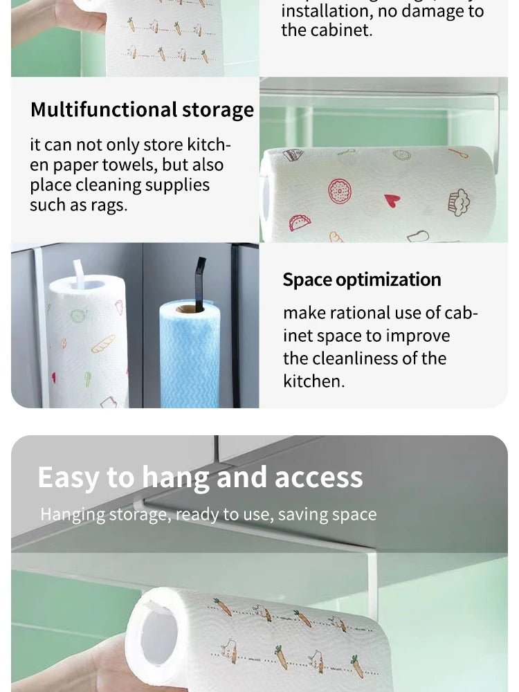 Black paper roll holder and towel rack with cling film storage, no-punch bathroom hanging shelf, kitchen tissue accessories by BACKUPMYFILESNOW.COM®