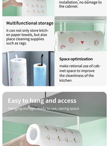 Black paper roll holder and towel rack with cling film storage, no-punch bathroom hanging shelf, kitchen tissue accessories by BACKUPMYFILESNOW.COM®