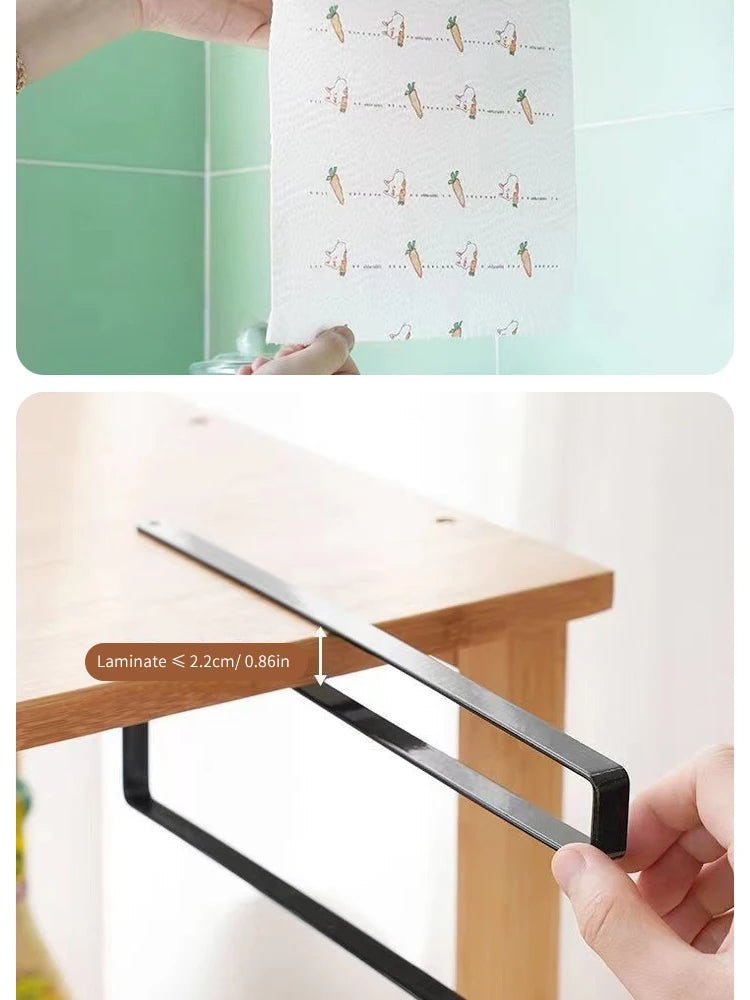 Black paper roll holder and towel rack with cling film storage, no-punch hanging shelf for bathroom or kitchen organization.