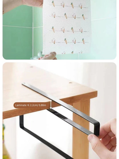 Black paper roll holder and towel rack with cling film storage, no-punch hanging shelf for bathroom or kitchen organization.