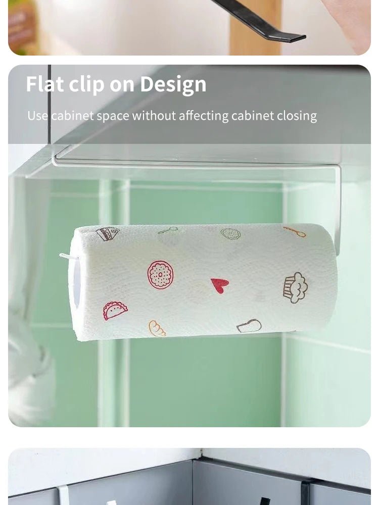Black paper roll holder and towel rack with no-punch design, kitchen or bathroom cling film storage hanging shelf.