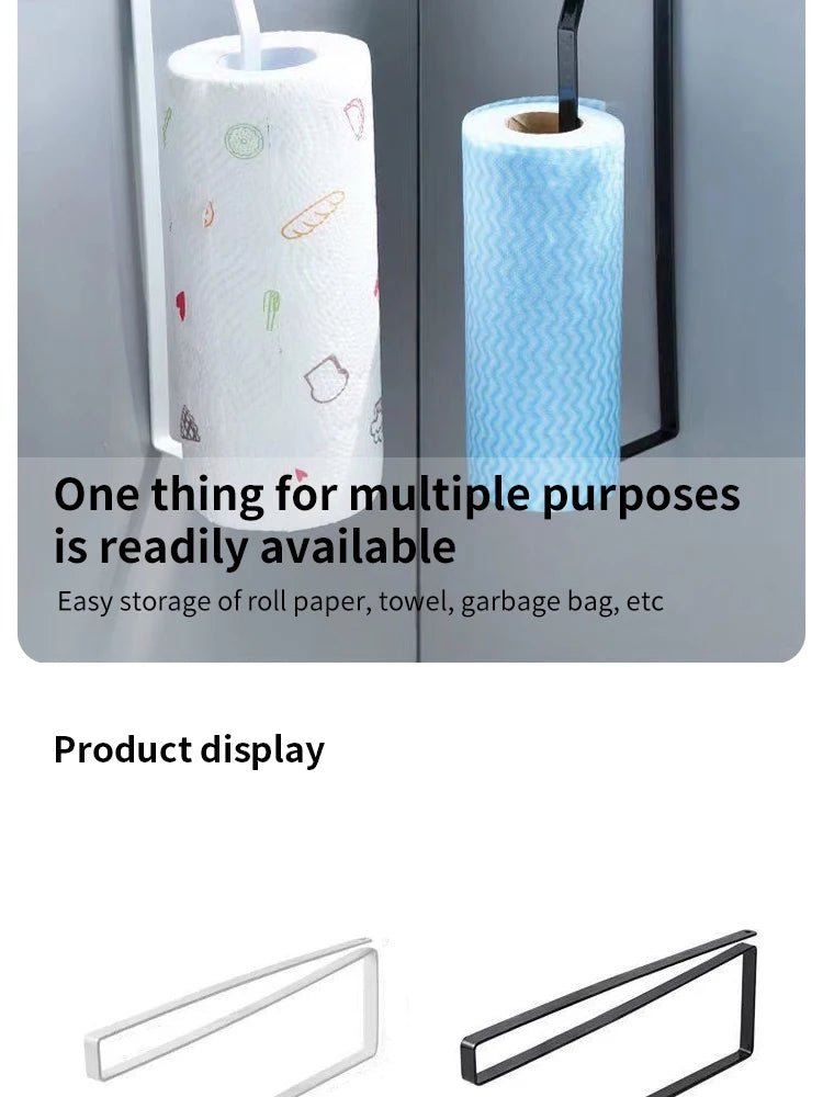 Black paper roll holder and towel rack with hanging shelf for kitchen or bathroom, no punching necessary for wall storage.