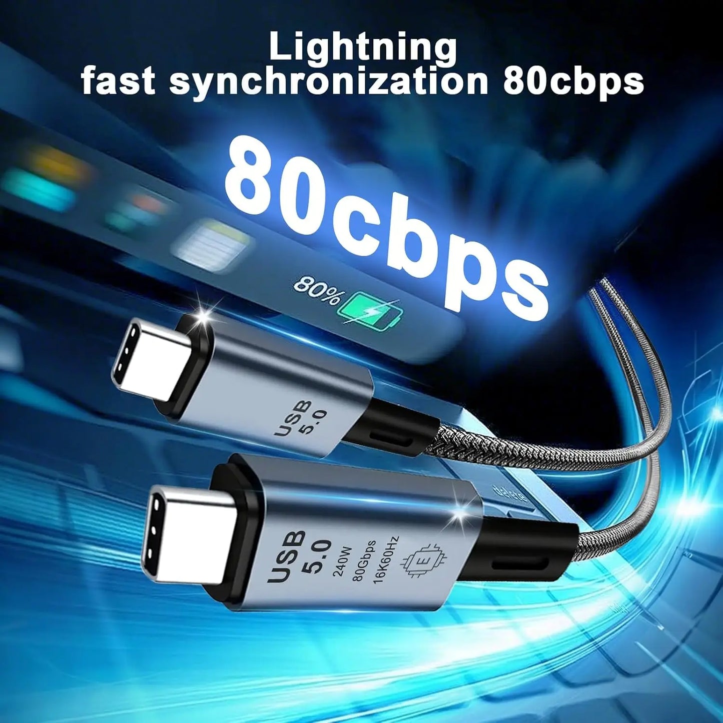 BackupMyFilesNow USB 5.0 Type-C cable, 1m, high-speed 80Gbps, 240W fast-charging, male to male, for 16K video data transfer.