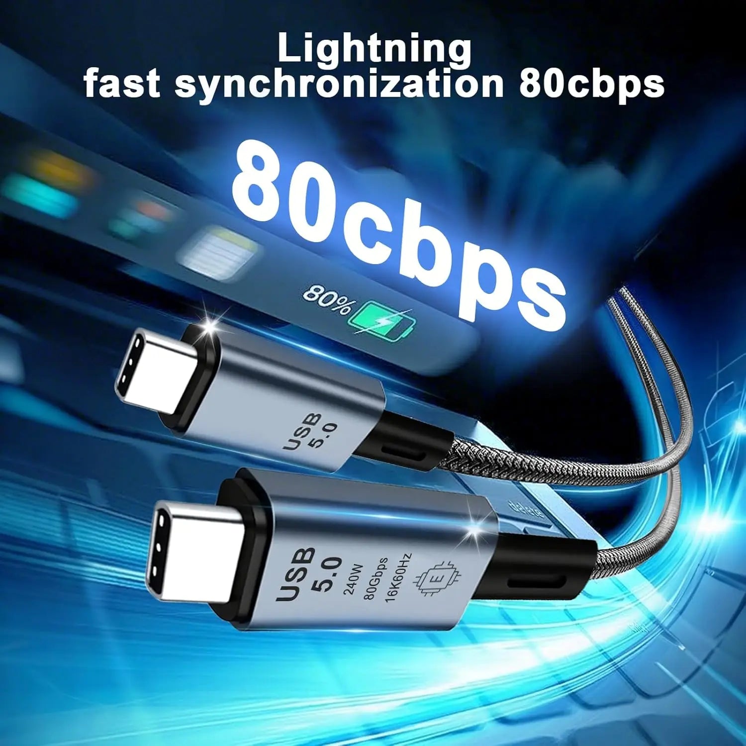 BackupMyFilesNow USB 5.0 Type-C cable, 1m, high-speed 80Gbps, 240W fast-charging, male to male, for 16K video data transfer.