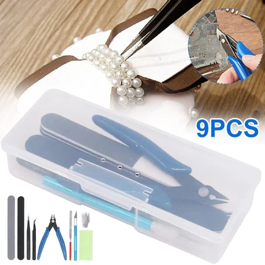 Model Basic Tools set with scissors and tweezers for craft, DIY model car building, hobby assembly, and repairs.