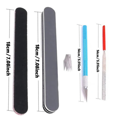 Set of basic craft tools including scissors and tweezers for DIY model car building and hobby assembly, suitable for beginners.