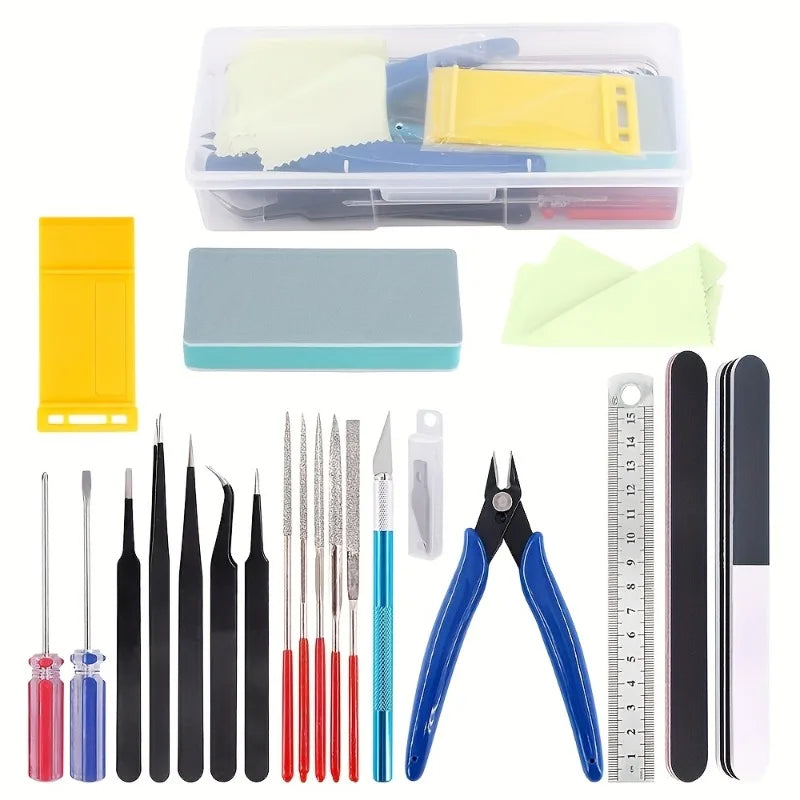 Model Basic Tools set with handmade scissors and tweezers for craft, DIY model car building, hobby, and repair projects.