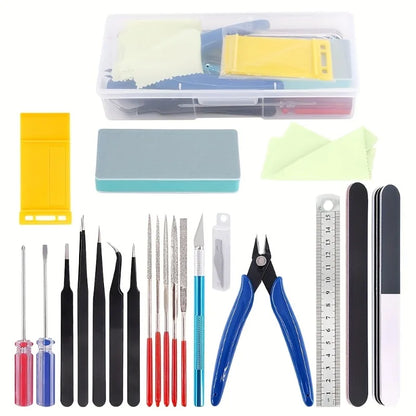 Model Basic Tools set with handmade scissors and tweezers for craft, DIY model car building, hobby, and repair projects.