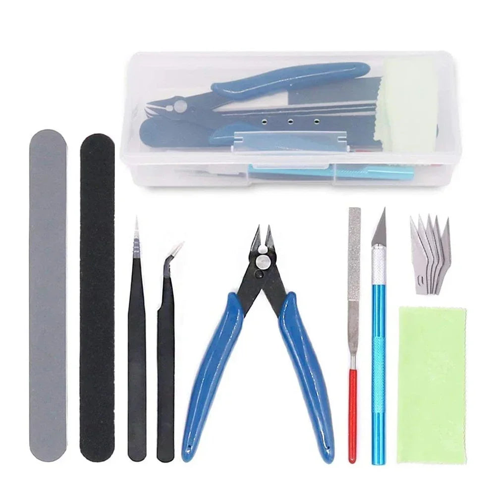 Model Basic Tools set including handmade scissors and tweezers for craft, DIY model car building, and hobby repair.
