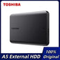 Original Toshiba Canvio Basics portable external hard drive in 1TB, 2TB, or 4TB with USB 3.2 for PS5 and notebook data storage.