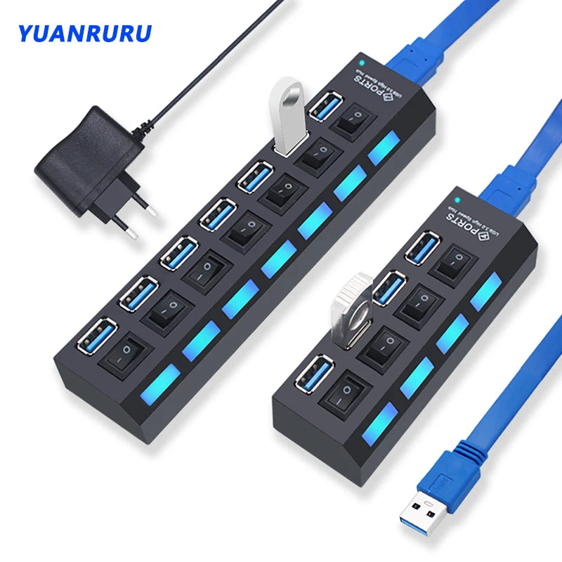 BackupMyFilesNow.com 7-port USB 3.0 hub with 2.0 ports, power adapter, and switch for PC accessories and multi-device expansion.