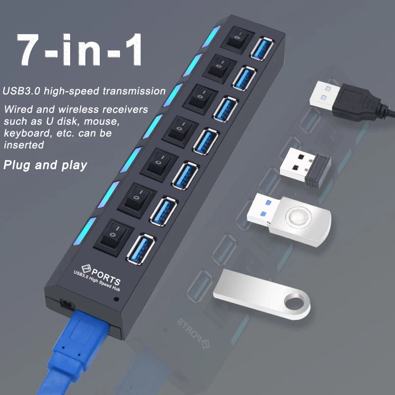BackupMyFilesNow.com 7-port USB 3.0 and 2.0 hub with power adapter, multi USB splitter for PC accessories and expanded connectivity.