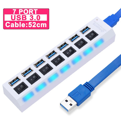 BackupMyFilesNow USB 3.0 and 2.0 multi-port hub with 7 ports, power adapter, and switch for PC accessories and expandability.