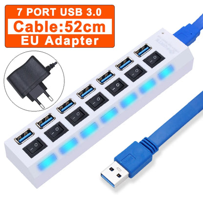 BackupMyFilesNow 7-port USB 3.0 hub with power adapter, multi USB splitter, and switch for PC accessories and device expansion.