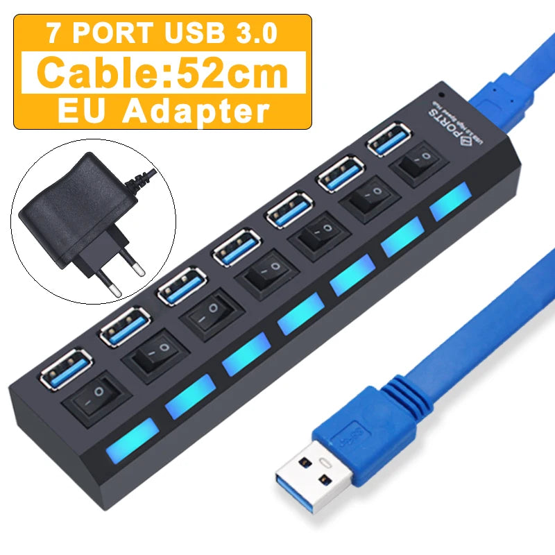 BackupMyFilesNow 7-port USB 3.0 hub with power adapter, 2.0 and 3.0 ports, multi-USB splitter for PC accessories.